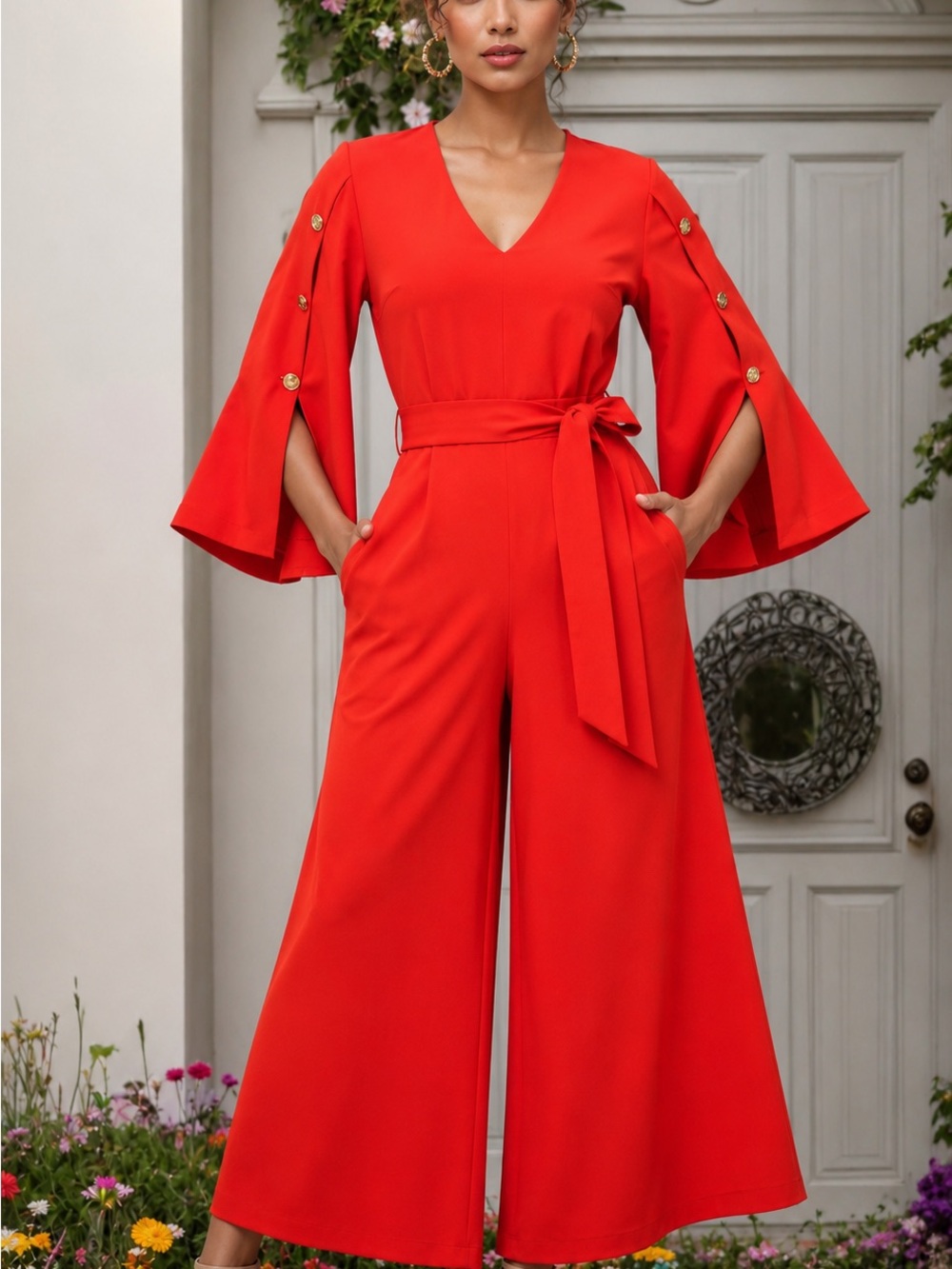 BOUTIQUE:  Red V-Neck Wide-Leg Jumpsuit with Tie Waist